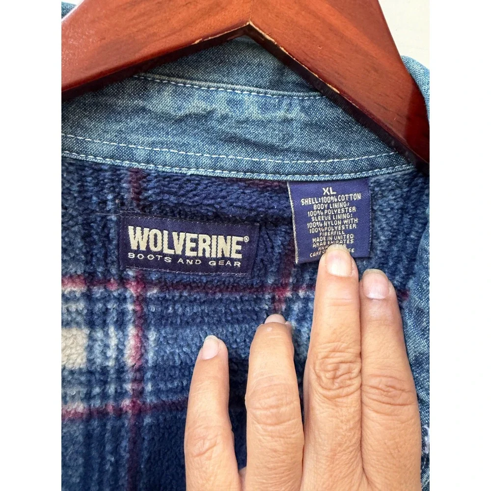 Wolverine Mens XL Denim Shirt Jacket Fleece Lined Plaid Blue Cotton Workwear